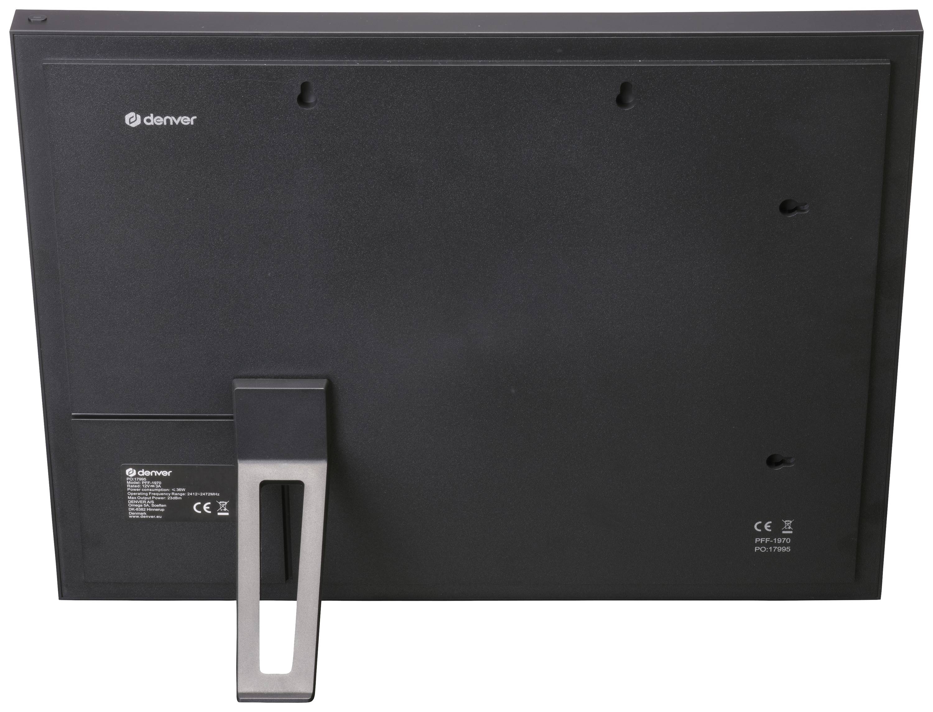 A black digital photo frame from behind with a metal stand, labelled with brand logo and product information.