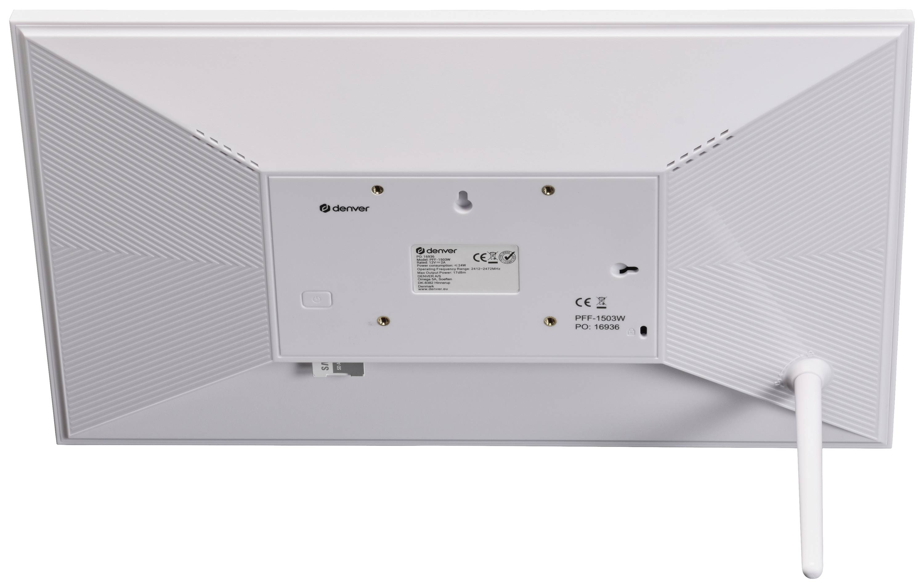 Rear view of a digital photo frame with antenna, manufacturer's logo, and CE marking. Includes model number and power connection.