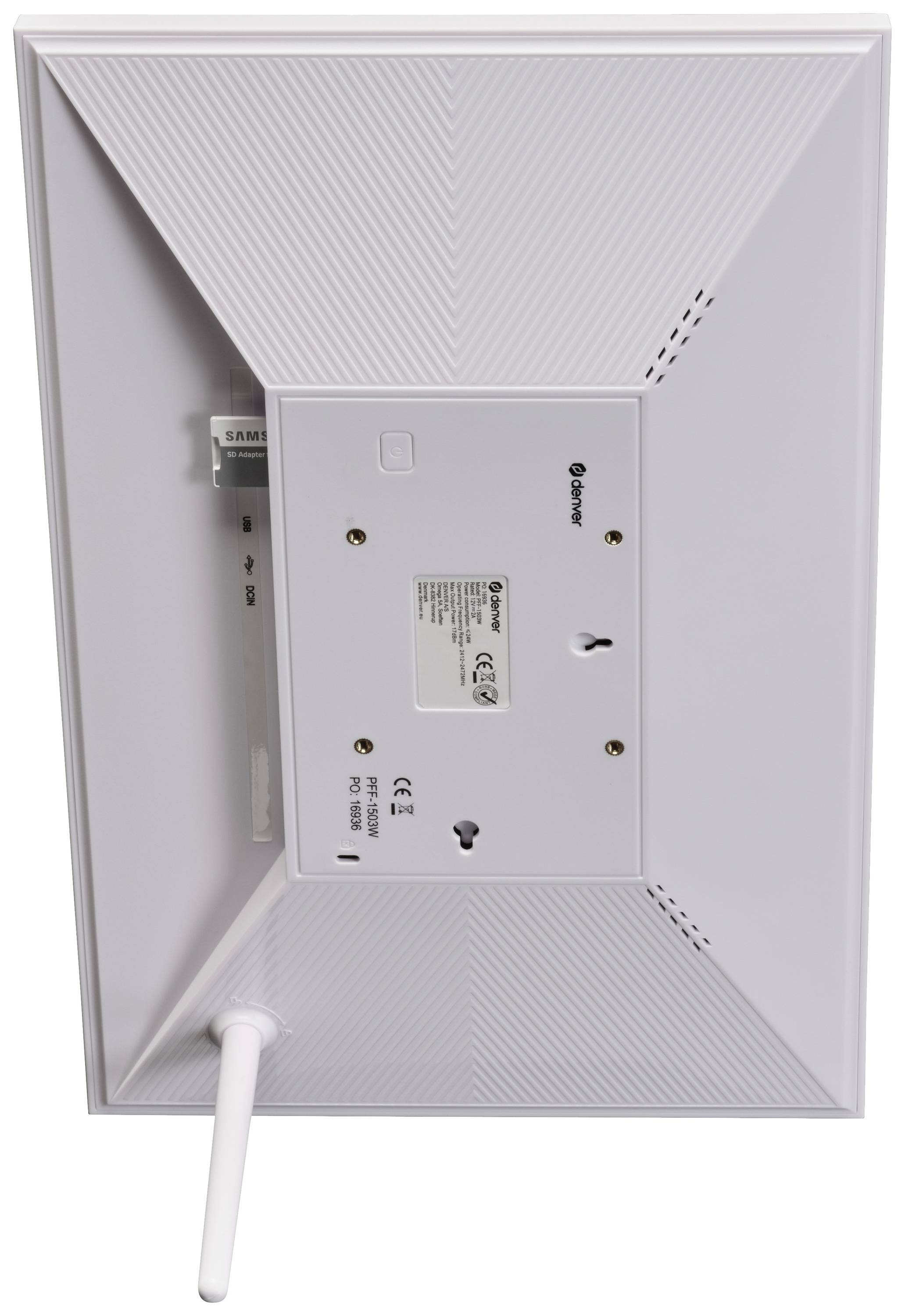 Rear view of a digital photo frame with visible antenna and connection ports. Model and product information label in the centre.