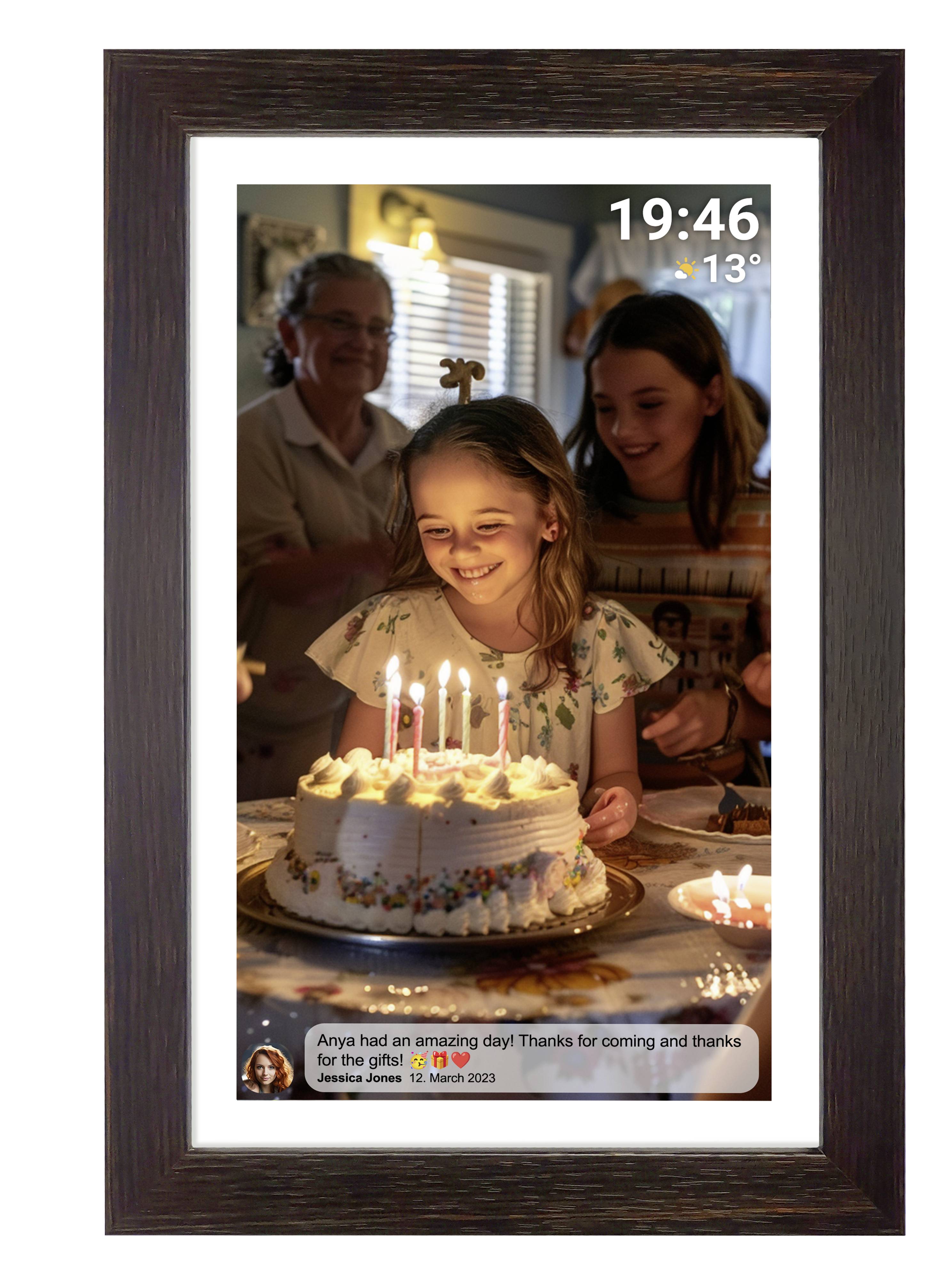 A girl smiles and looks at candles on a birthday cake, surrounded by family. Time and temperature are shown in the top right.