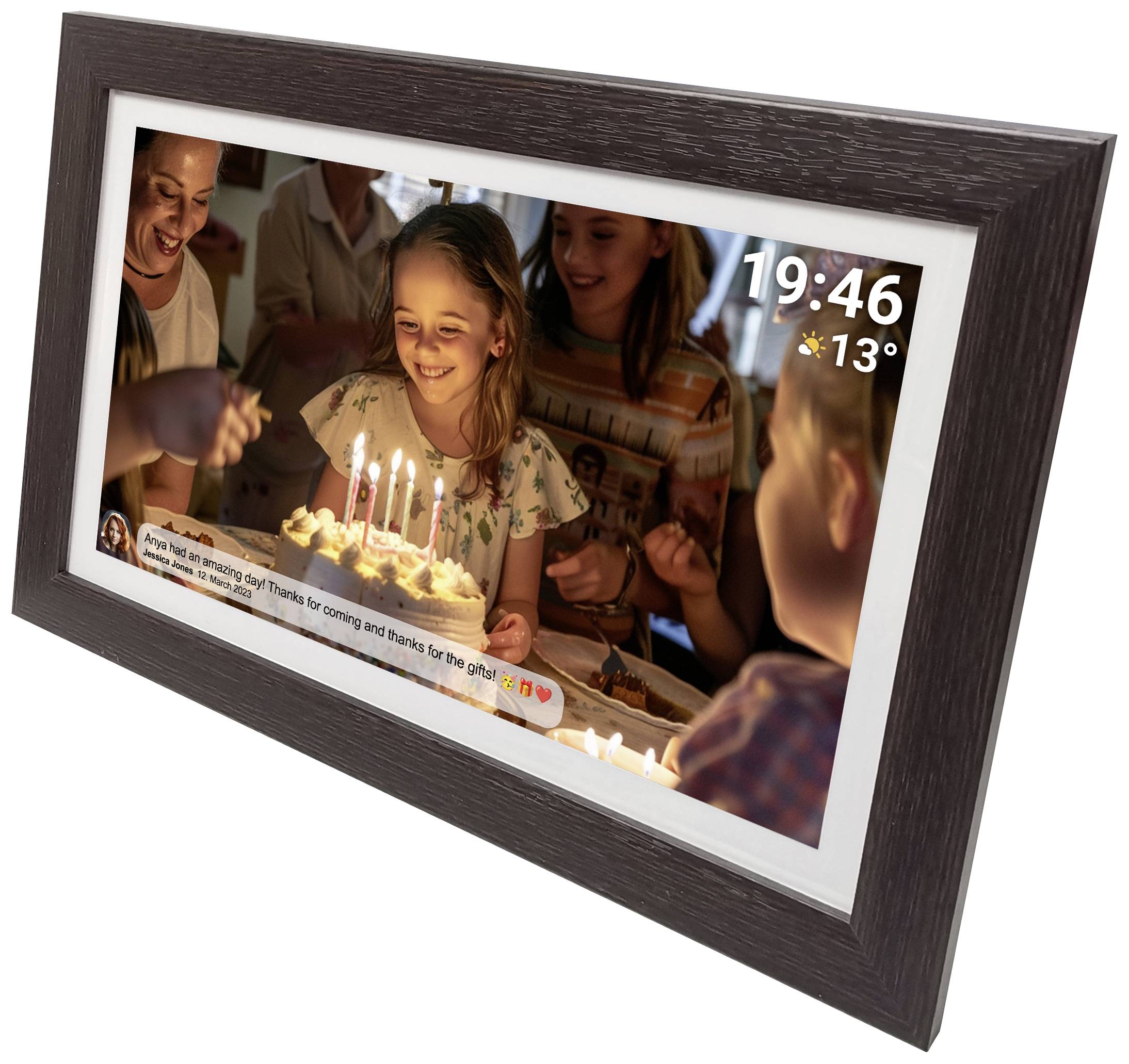 A girl is celebrating her birthday with a cake full of candles, surrounded by smiling friends. The image shows the time as 7:46 pm and 13 degrees Celsius.