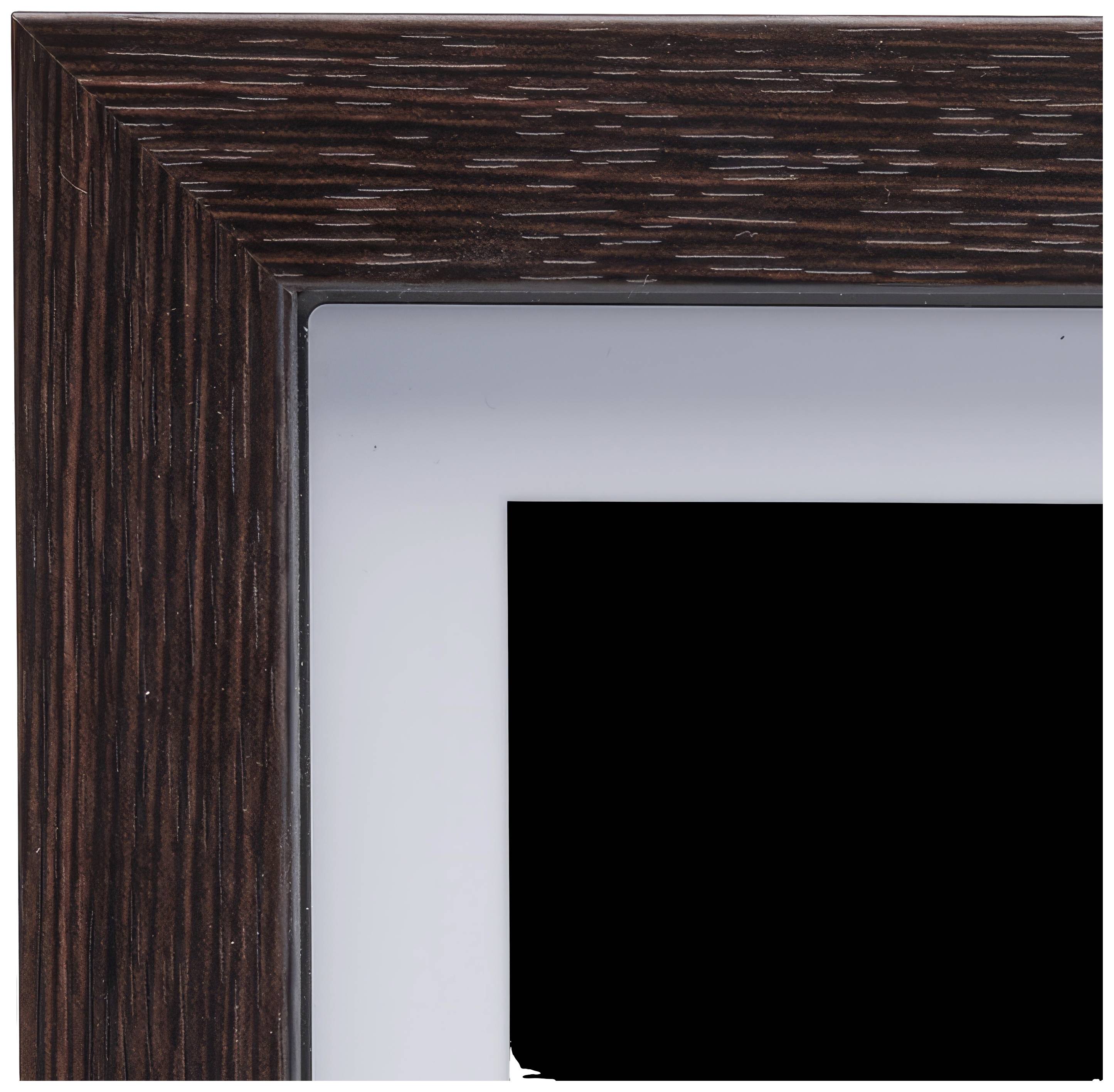 Corner of a picture frame with dark wood decor and silver inner border.