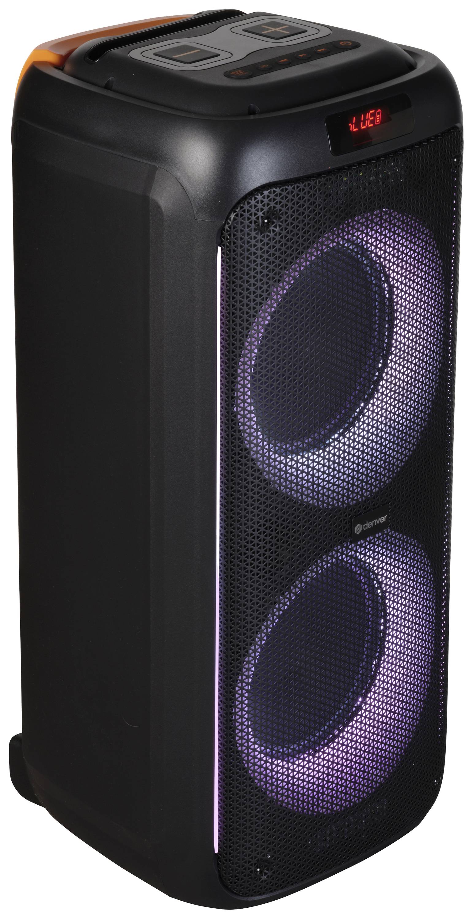 Black Bluetooth speaker with two large round lights. Perfect for parties and music events.