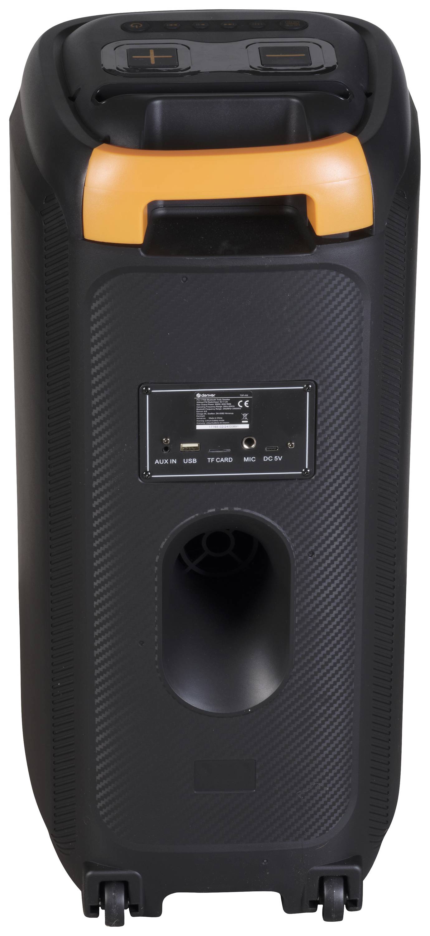 A black portable speaker with an orange handle. Visible connections and controls on the top surface.