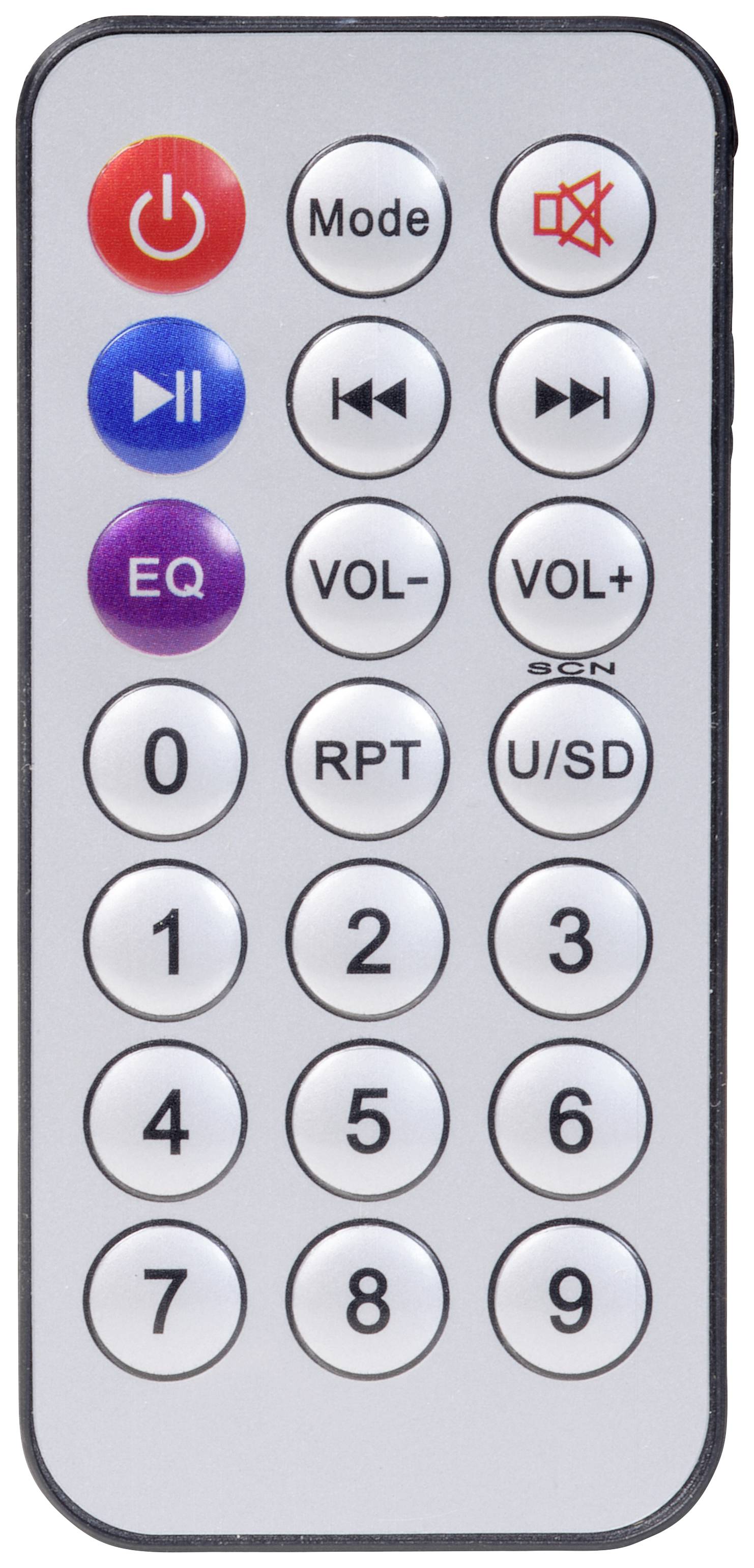 Remote control with buttons for Power, Mode, Mute, Equaliser, Volume, Play, Repeat and Digits 0-9.