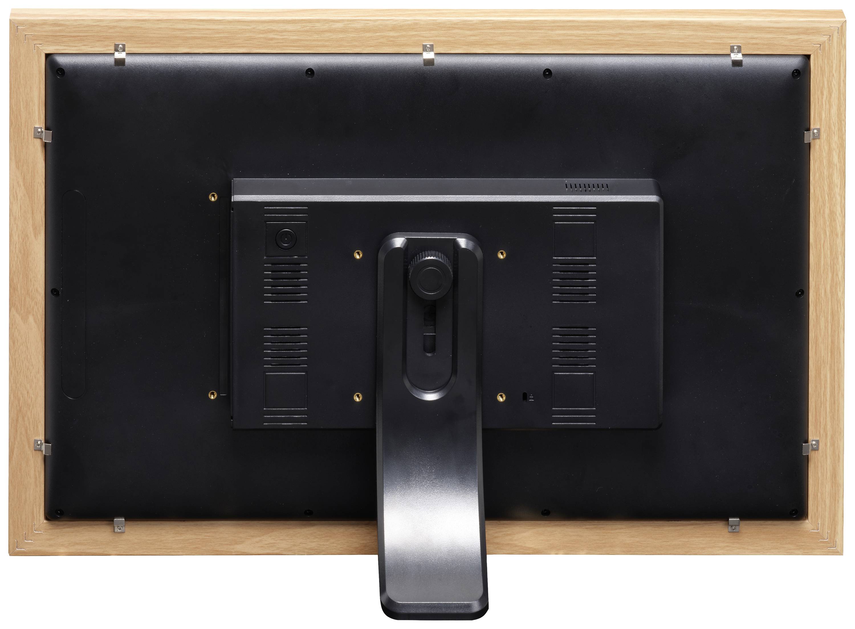 A black-framed monitor viewed from behind with an adjustable stand. Wooden frames on the sides, suitable for office or home use.