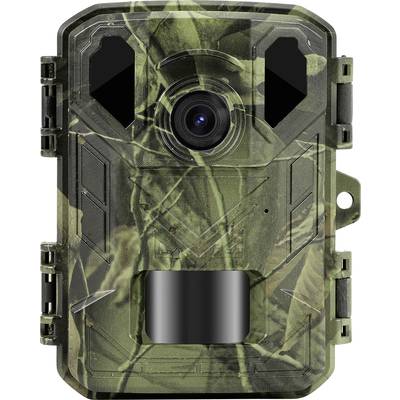 A camouflage camera with green, leaf-like patterning and a black lens for use in wildlife observation or surveillance.