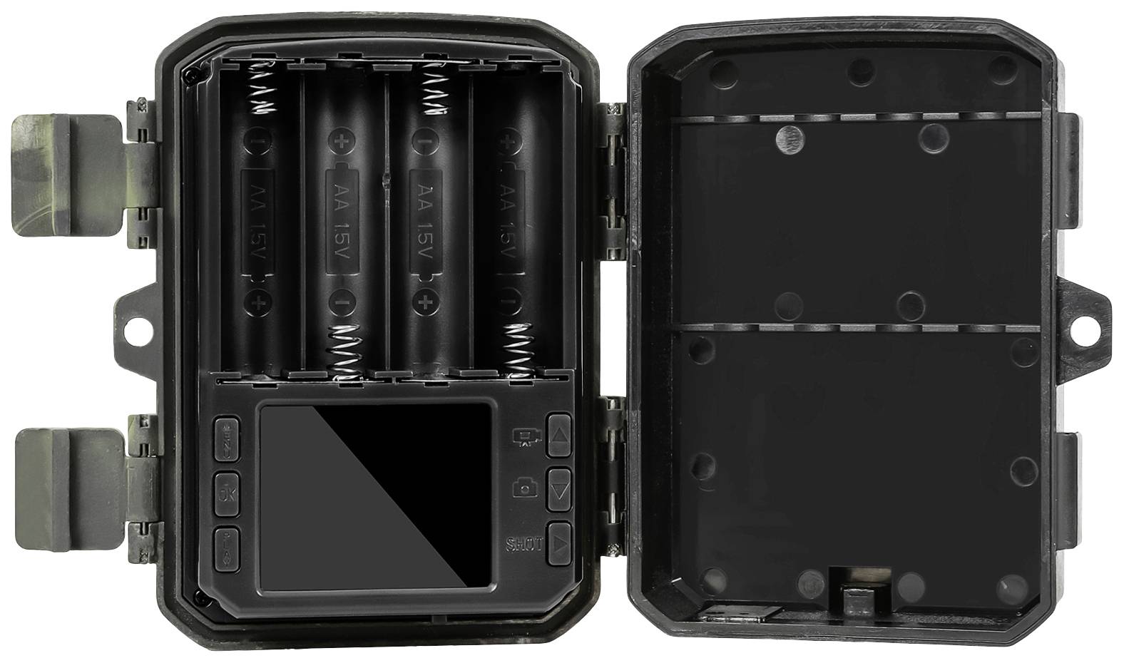 Open casing with battery compartments and a small display, likely for an electronic device designed for power supply.