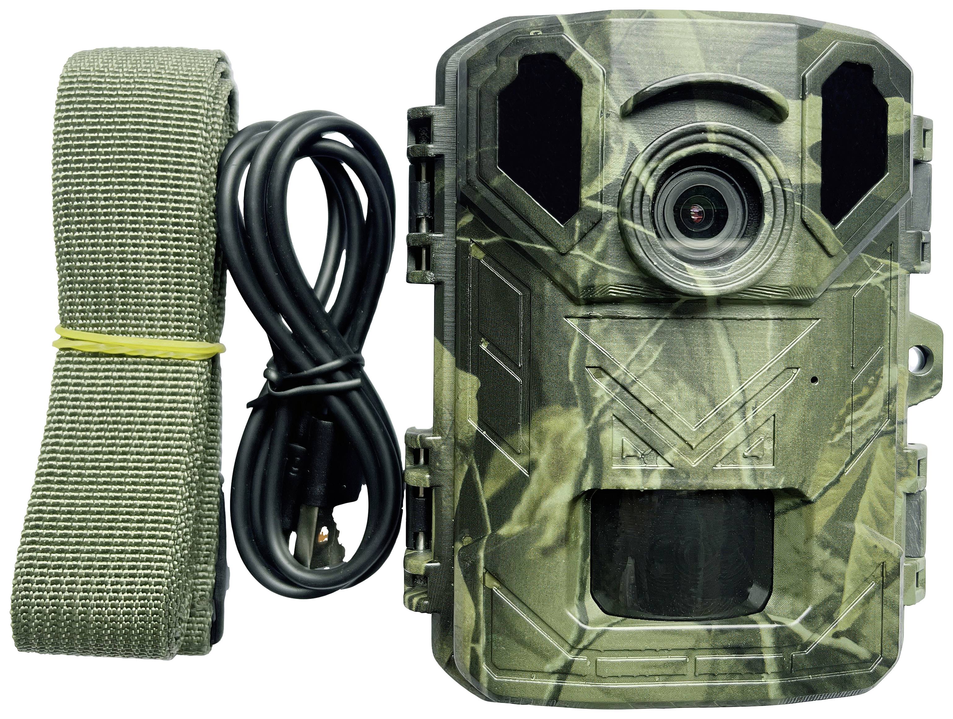 Wildlife camera in camouflage design with lens at the top, a screen underneath, with a cable and mounting strap beside it.