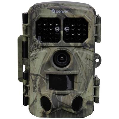 A camouflage trail camera with sensors and lens on the front, suitable for capturing animals in their natural habitat.