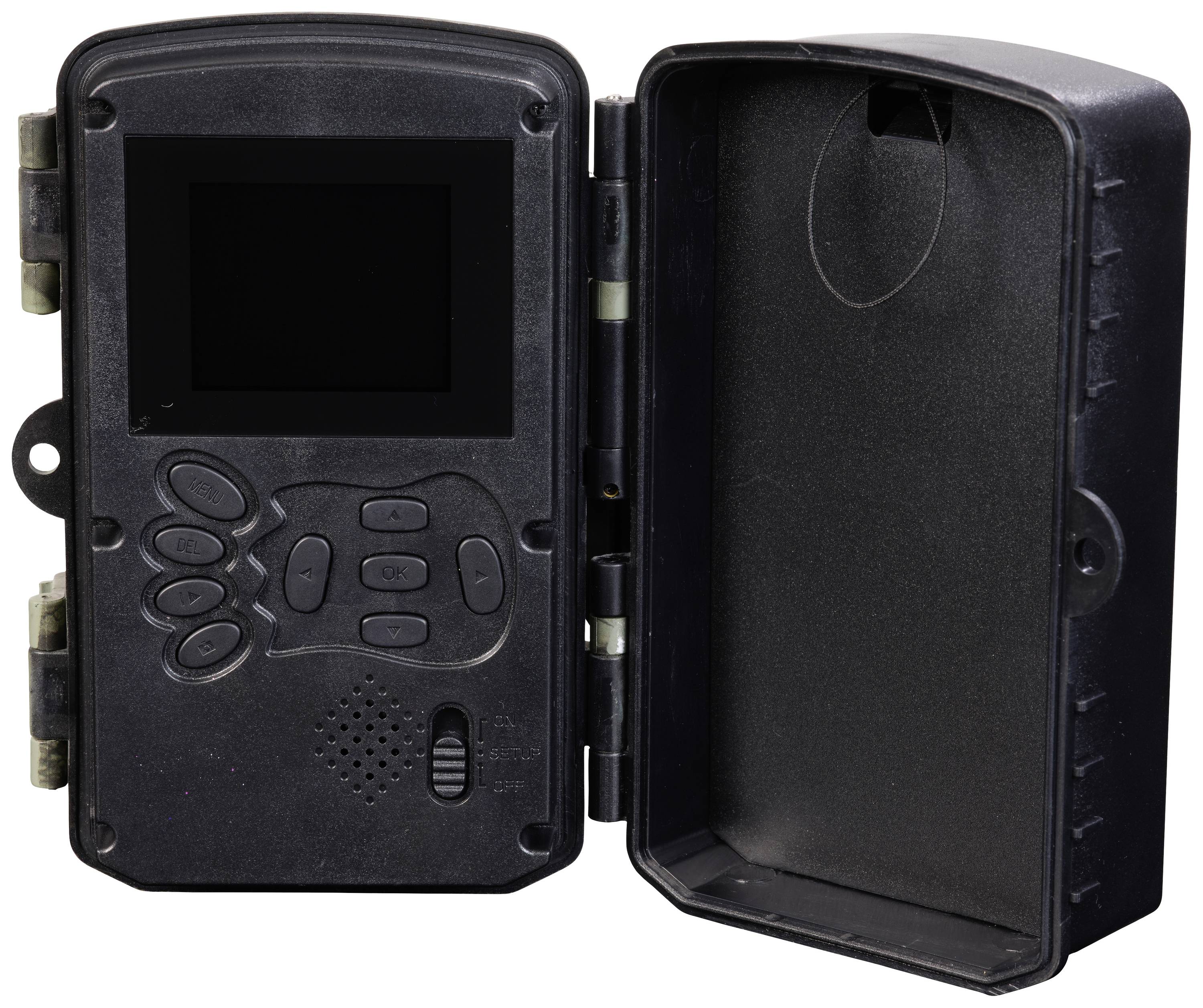 An open wildlife camera with a screen and controls, ready for installation in nature monitoring.