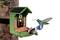 A green bird feeder with a solar panel is attached to a tree. Two hummingbirds approach the feed.
