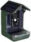 A green, solar-powered garden monitoring device with a camera. A solar panel on top, with the camera and controls underneath.