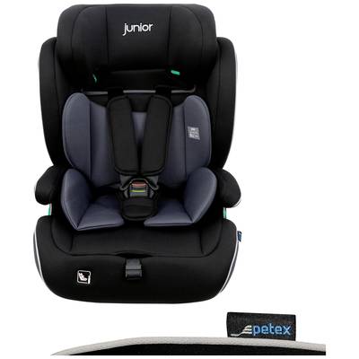 The child car seat from "junior" in black and grey is fitted with a five-point harness and is manufactured by "petex".