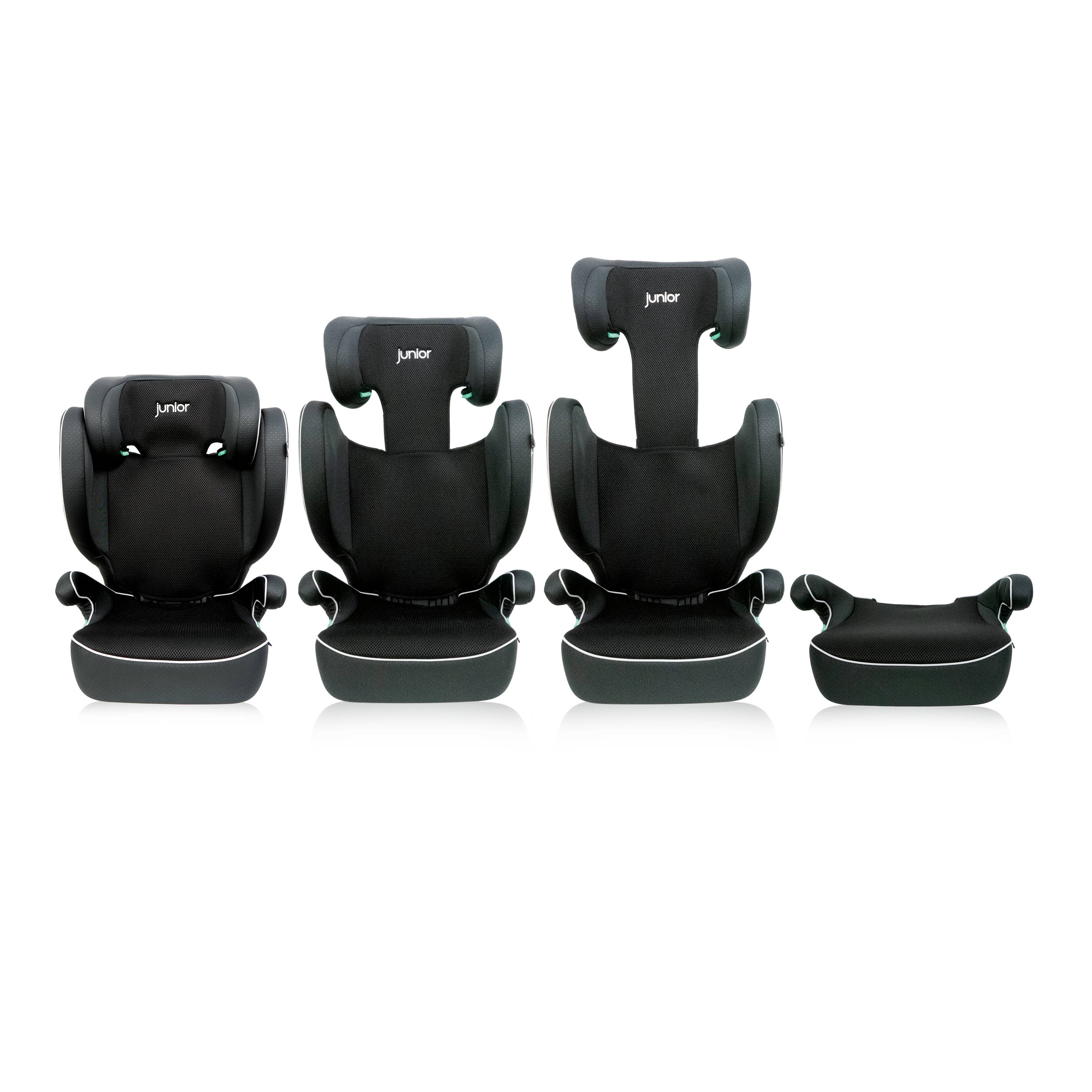 'Three black child car seats in different variations to demonstrate adaptability and versatility.'