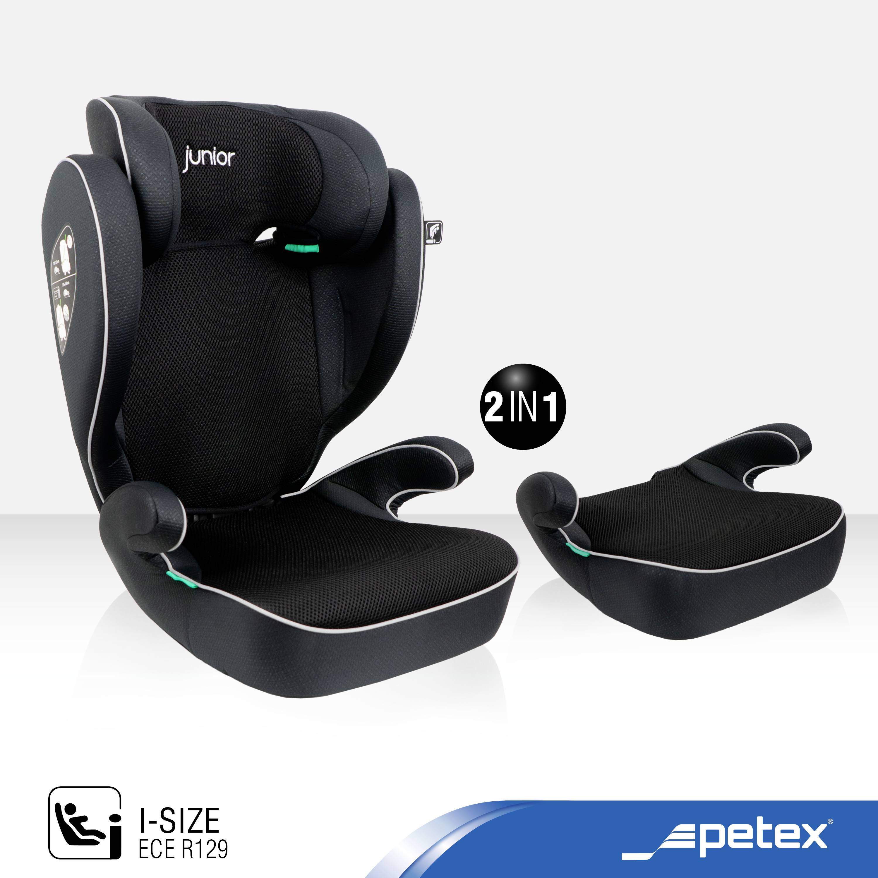 'Black 2-in-1 child car seat by petex, i-Size ECE R129 certified, convertible from a high-backed to a standard seat.'
