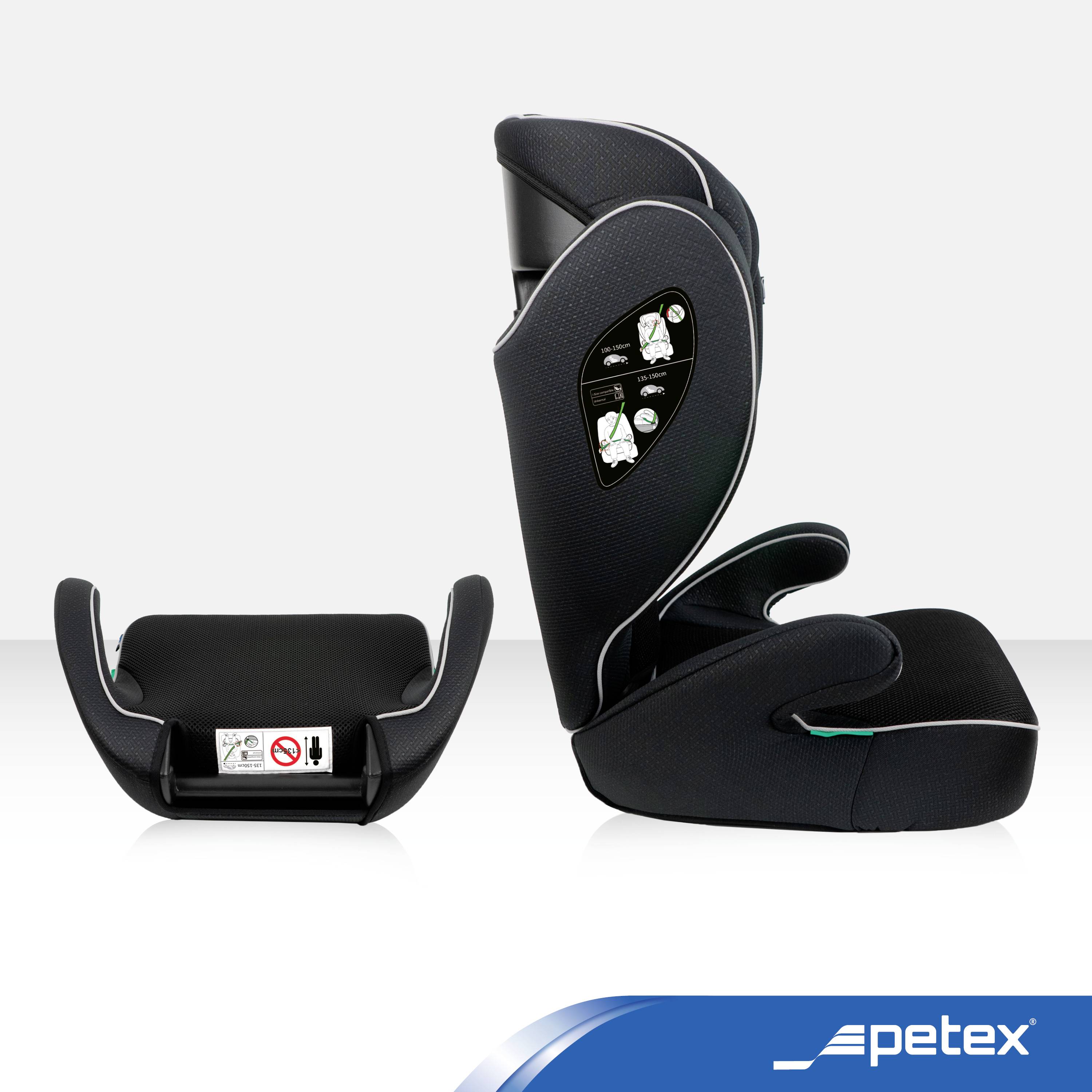 Two car child seats, one with a backrest, one without. Black design, suitable for different age groups. Brand: Petex.