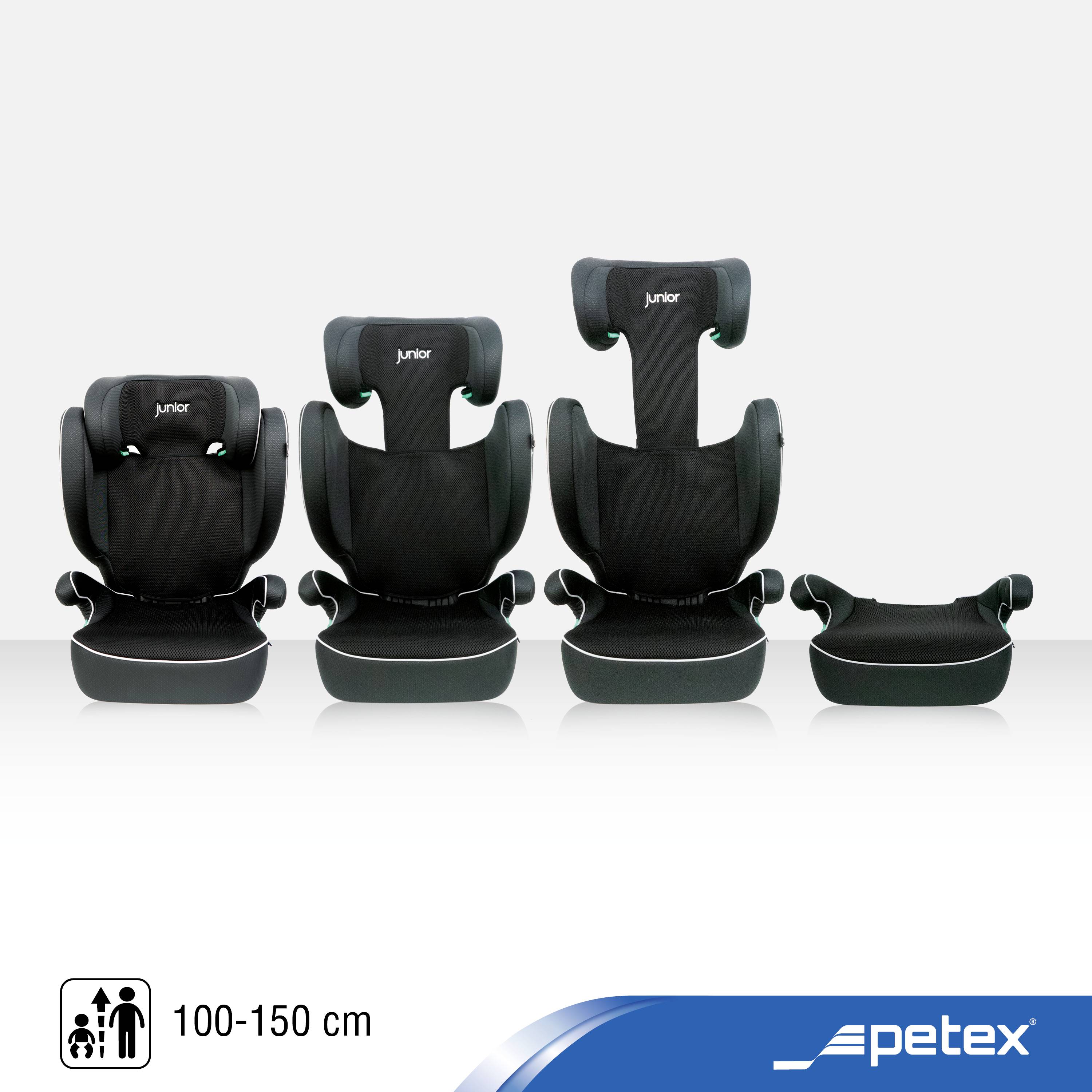 Various child car seats in different sizes are lined up side by side. The focus is on safety and adaptability.