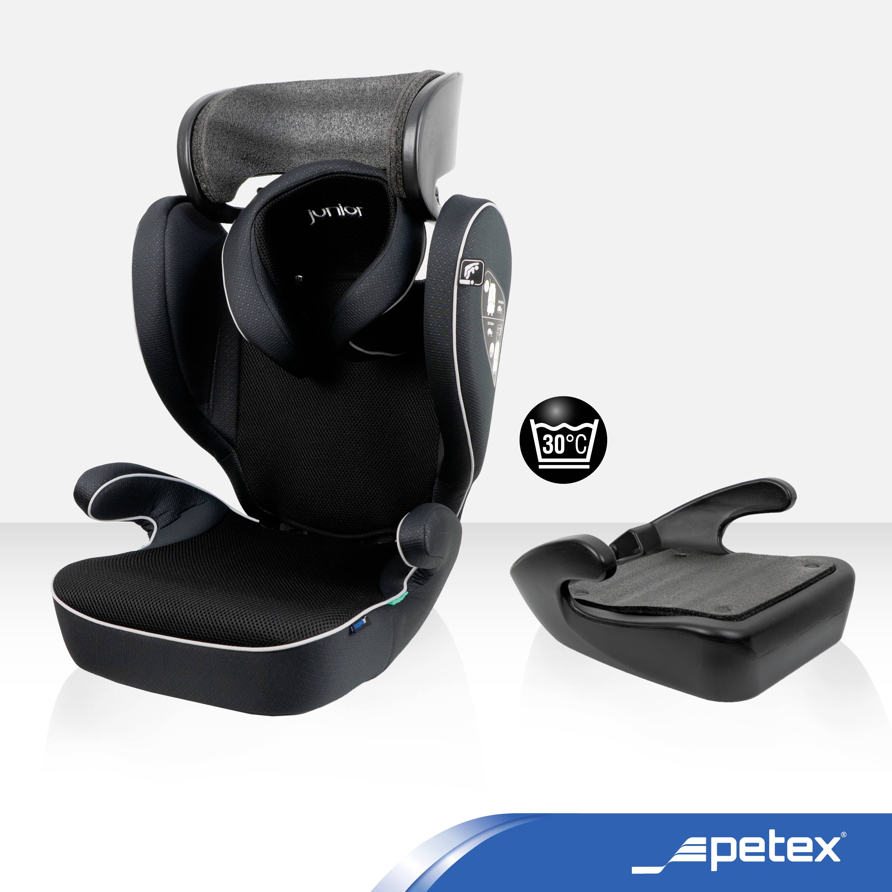 A black child car seat with a high backrest and seat cushion, next to a seat cushion without a backrest. Both are suitable for 30°C washing temperature. Brand 'petex'.