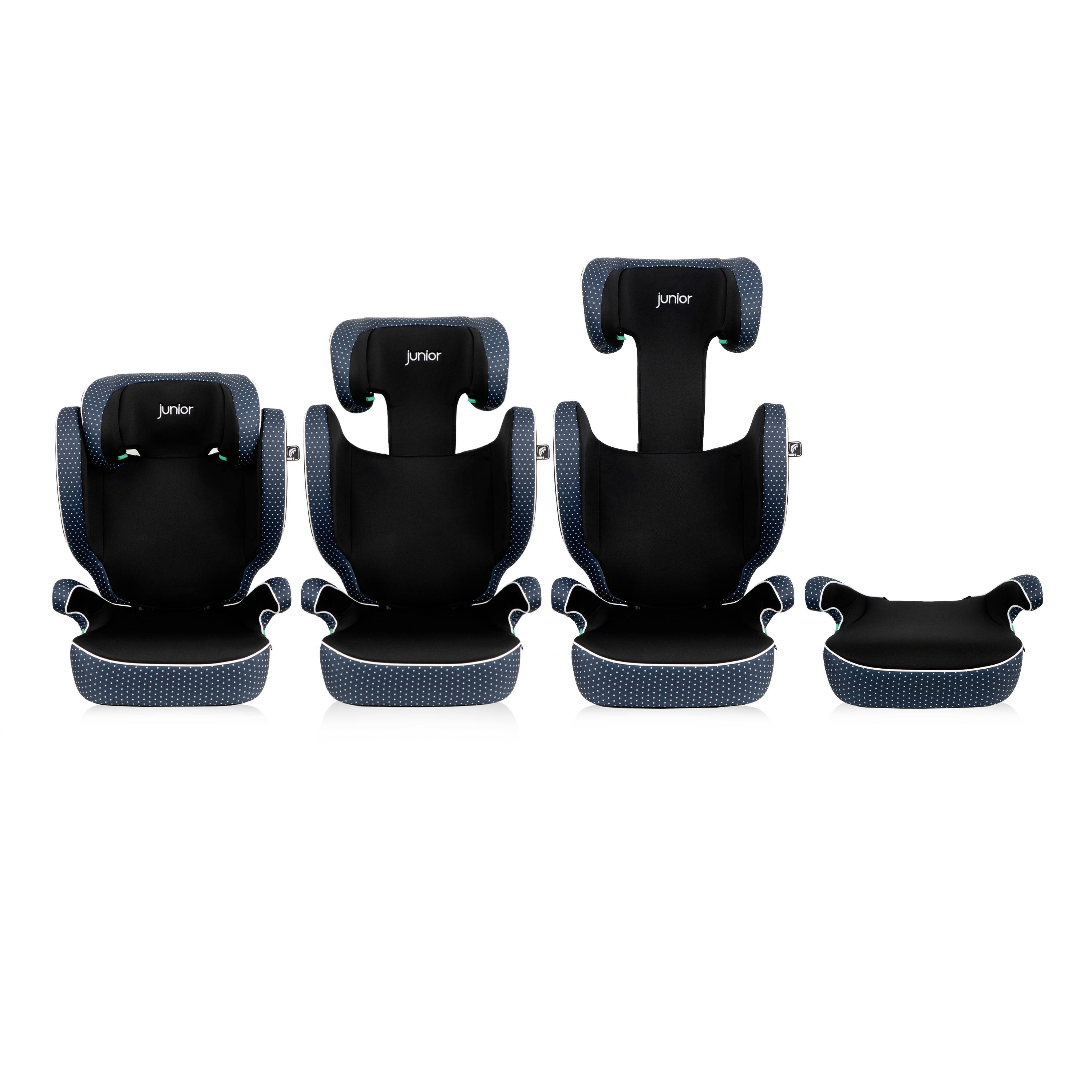 Four child car seats in various sizes and shapes side by side. Each seat is black with blue details and a headrest.