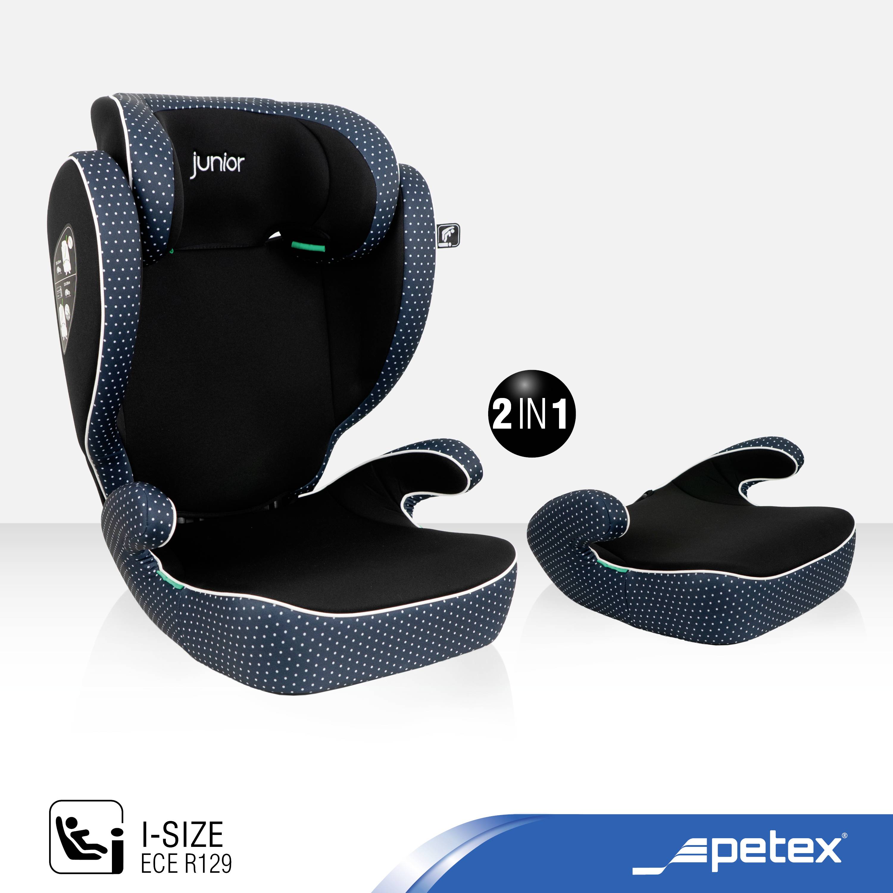 Child car seat by Petex, model 'Junior'. It is certified according to i-Size ECE R129 and can be used as a booster seat or seat cushion.