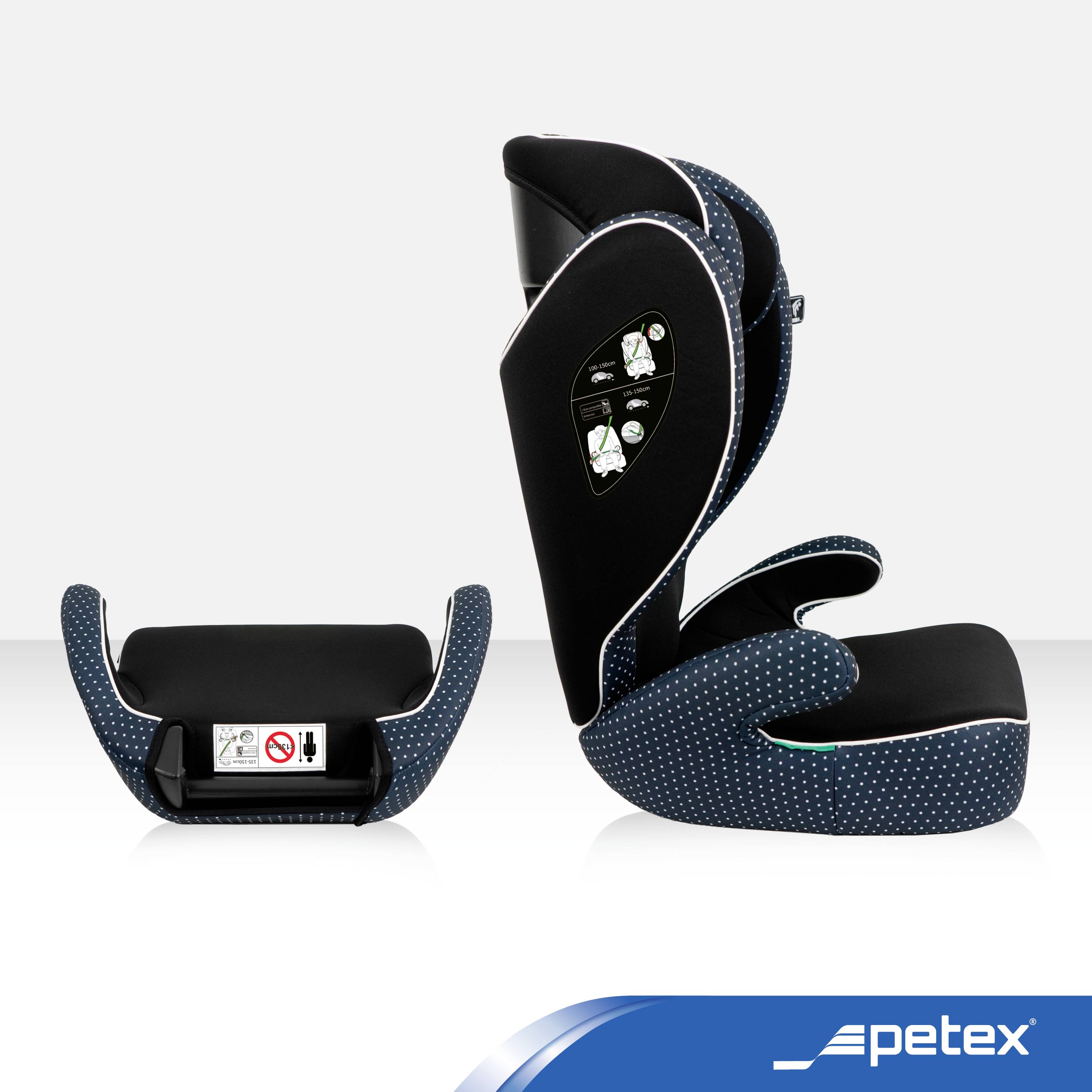 'Child car seat with removable backrest, suitable for different age groups. Shown with and without backrest. Brand: Petex.'