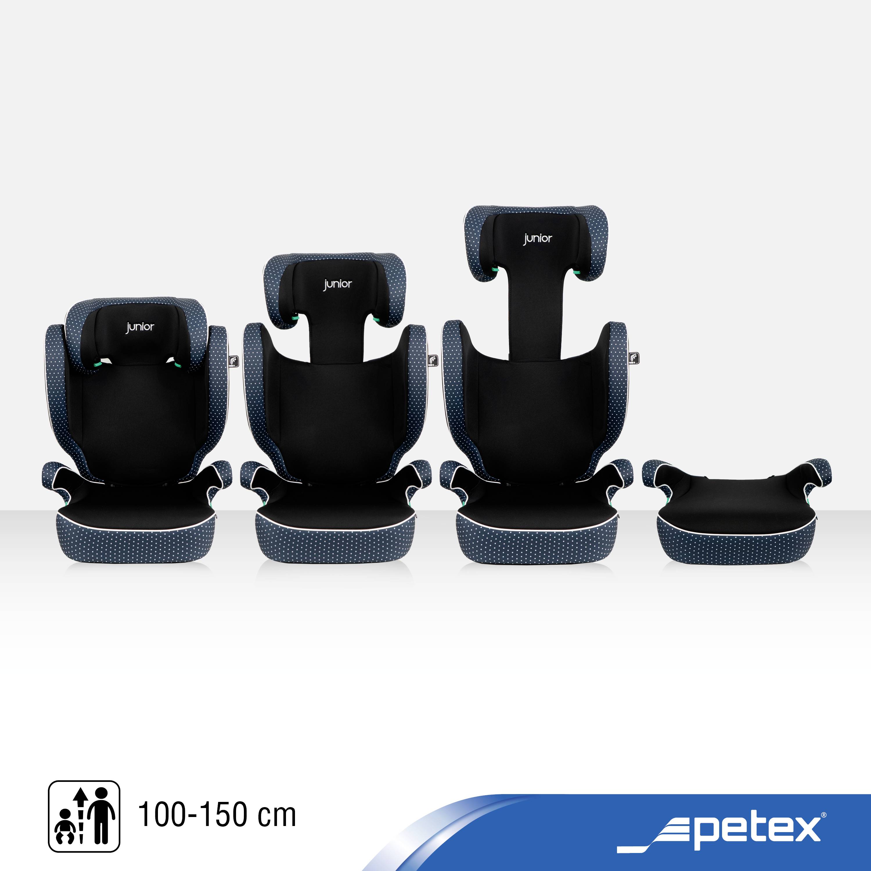 Four different child car seats with adjustable backrest on a white background. Suitable for children from 100-150 cm. Brand: Petex.