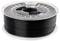 A roll of black glossy filament for 3D printers, wound on a transparent spool.