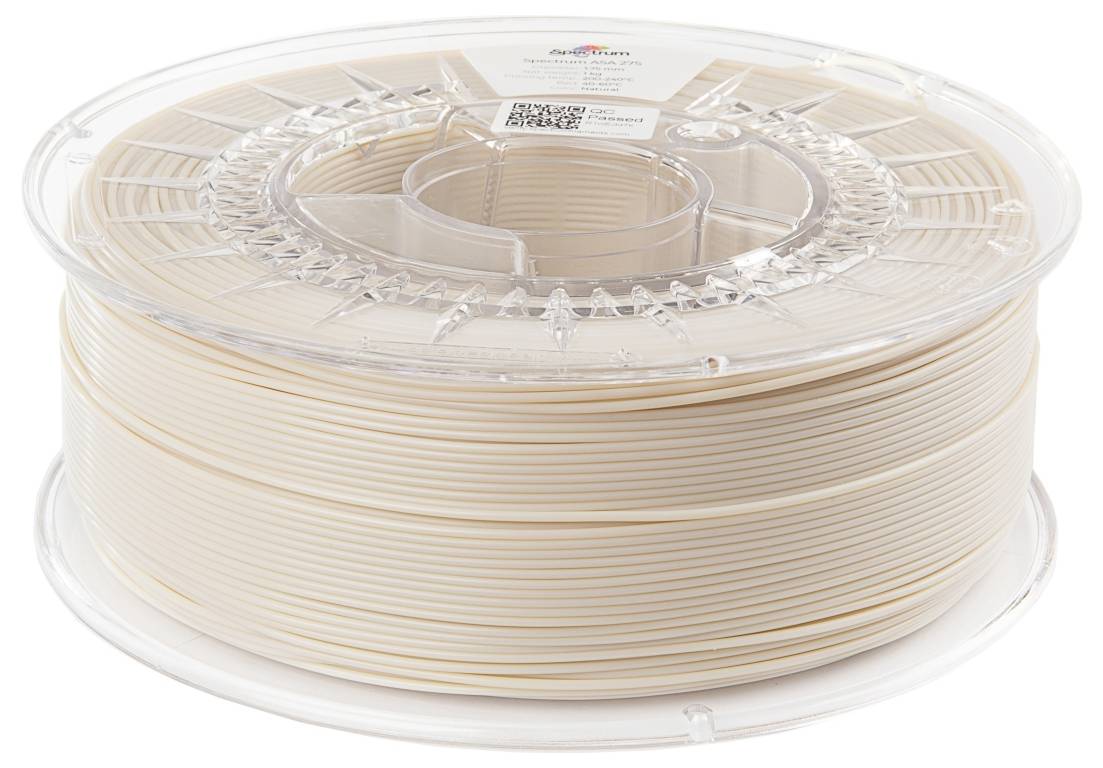 A spool with beige plastic filament used for 3D printers. The spool is made of transparent plastic.
