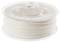 A reel of bright white 3D printer filament, neatly wound, on a transparent plastic spool.