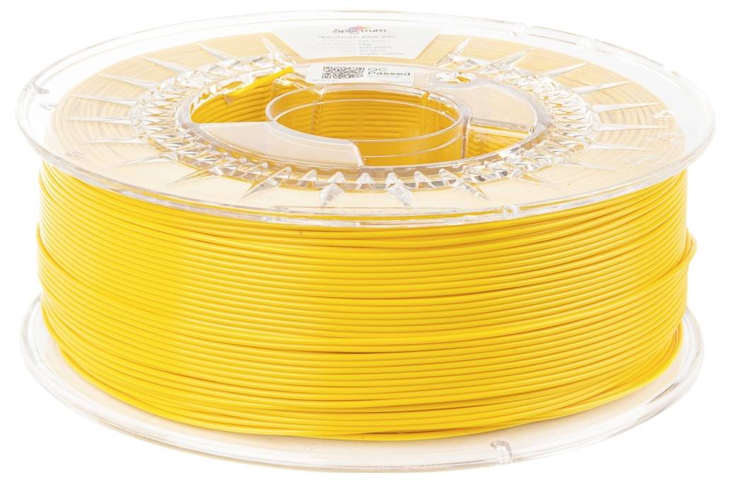 Yellow 3D printer plastic filament reel, wound on a spool, suitable for model making or prototype production.
