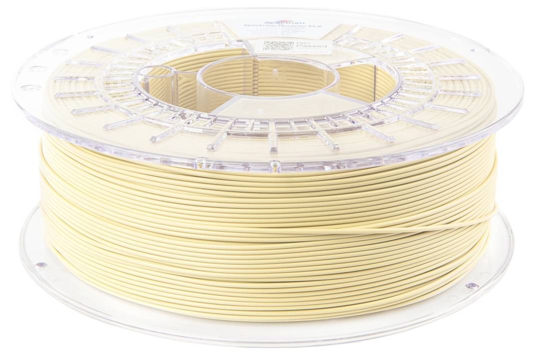 A spool with a beige filament for 3D printing. The filament is evenly wound and ready for use.