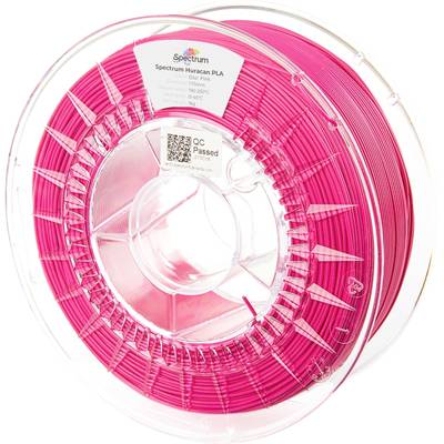 A reel of pink 3D printer filament. Plastic spool with a label 'Spectrum Huracan PLA'. Suitable for printers up to 230°C.