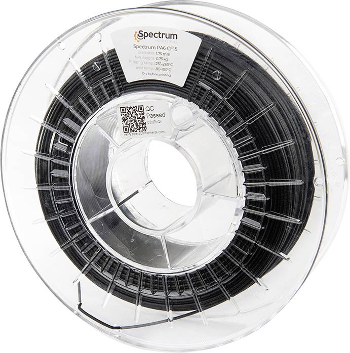 A reel of black 3D printer filament from Spectrum. The label shows details: material, temperature range, and manufacturer's instructions.