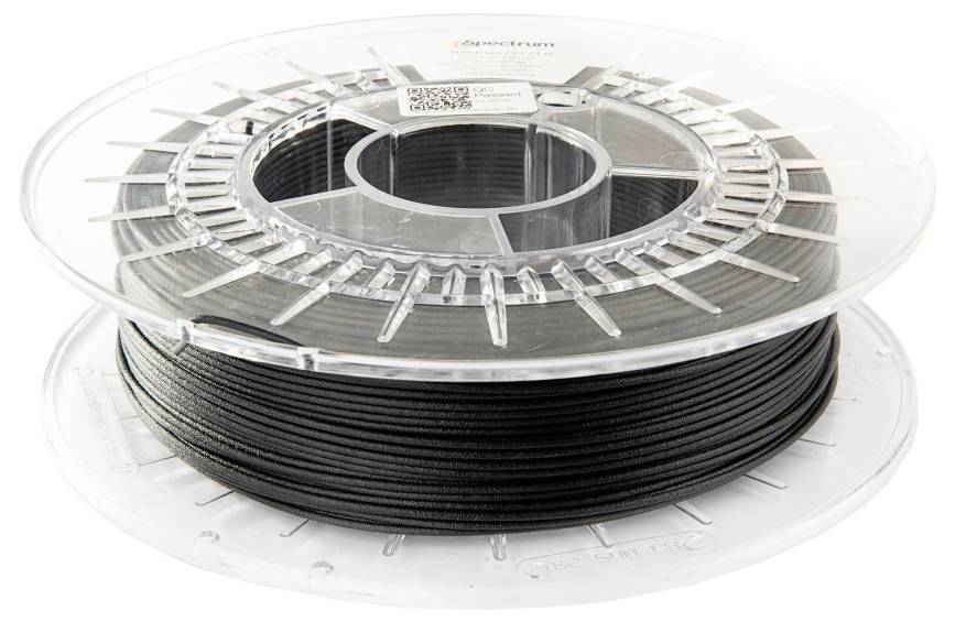 Black plastic filament spool for 3D printer, transparent housing with visible thread.
