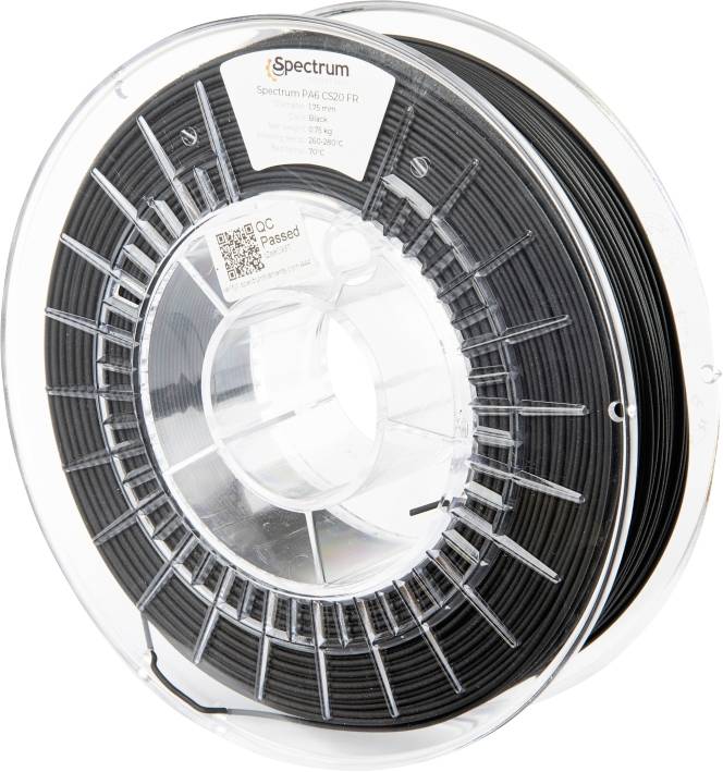 Black filament spool for 3D printer by Spectrum, labelled with technical specifications, including material and size.