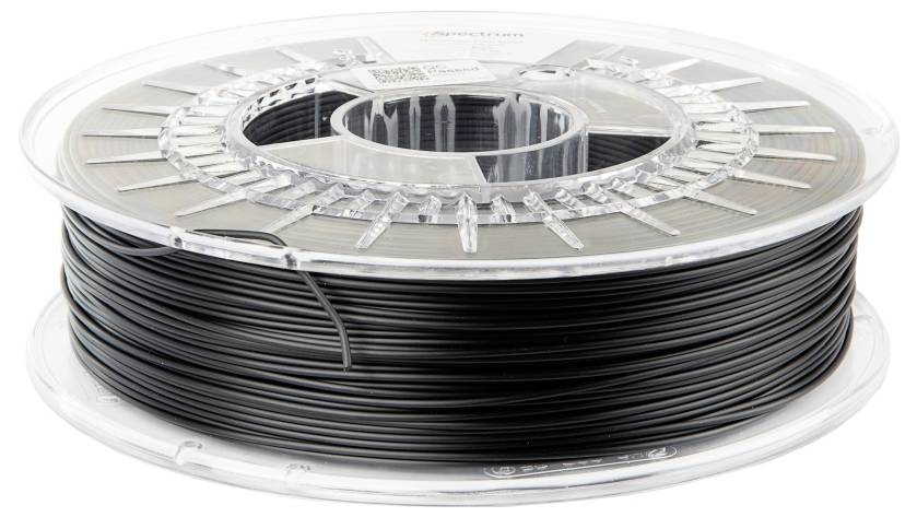 Black spool with 3D printing filament, ready for use in 3D printers. The spool is transparent and cylindrically shaped.