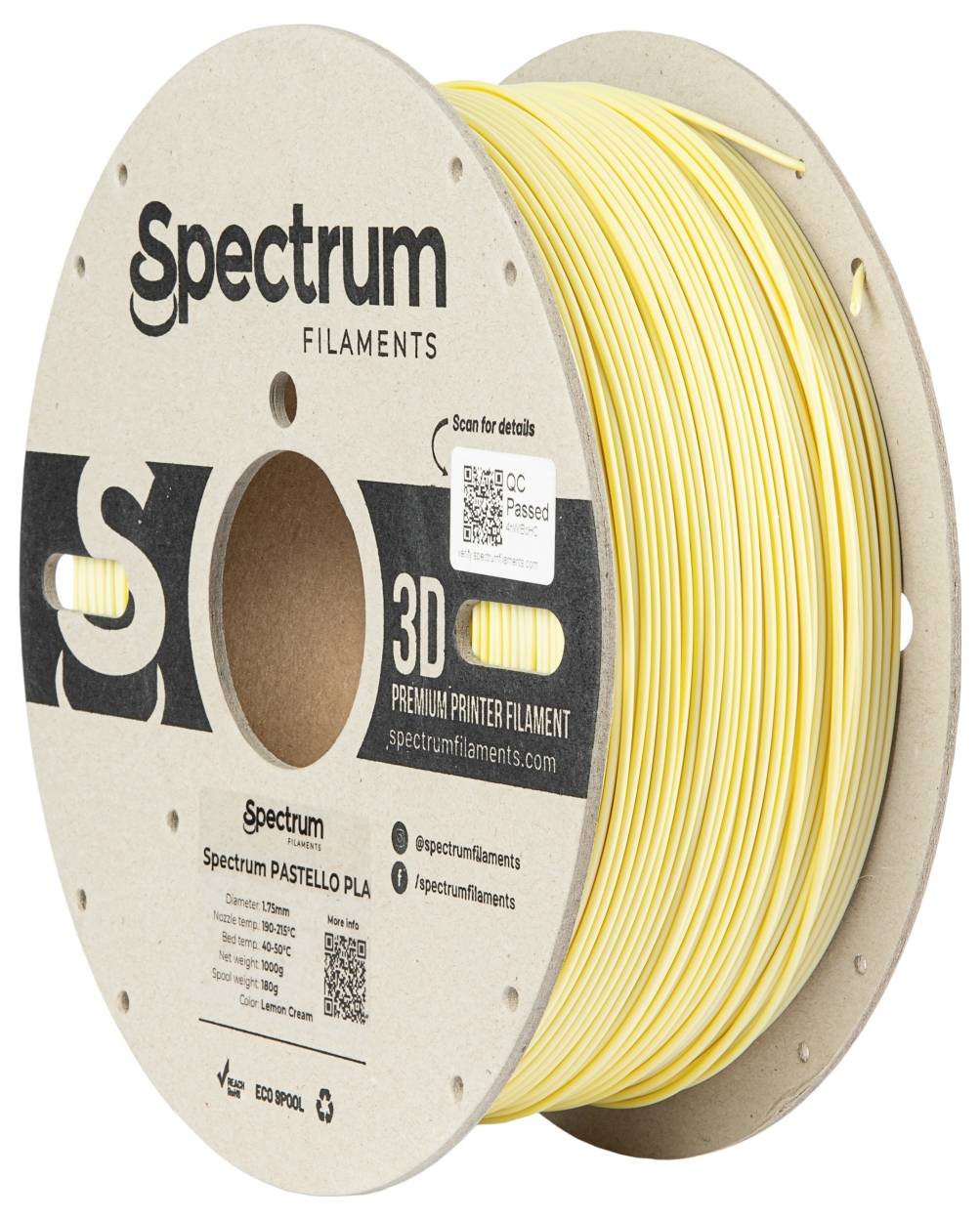A spool of yellow 3D printer filament by Spectrum Filaments, model 'Spectrum PASTELLO PLA', premium quality.