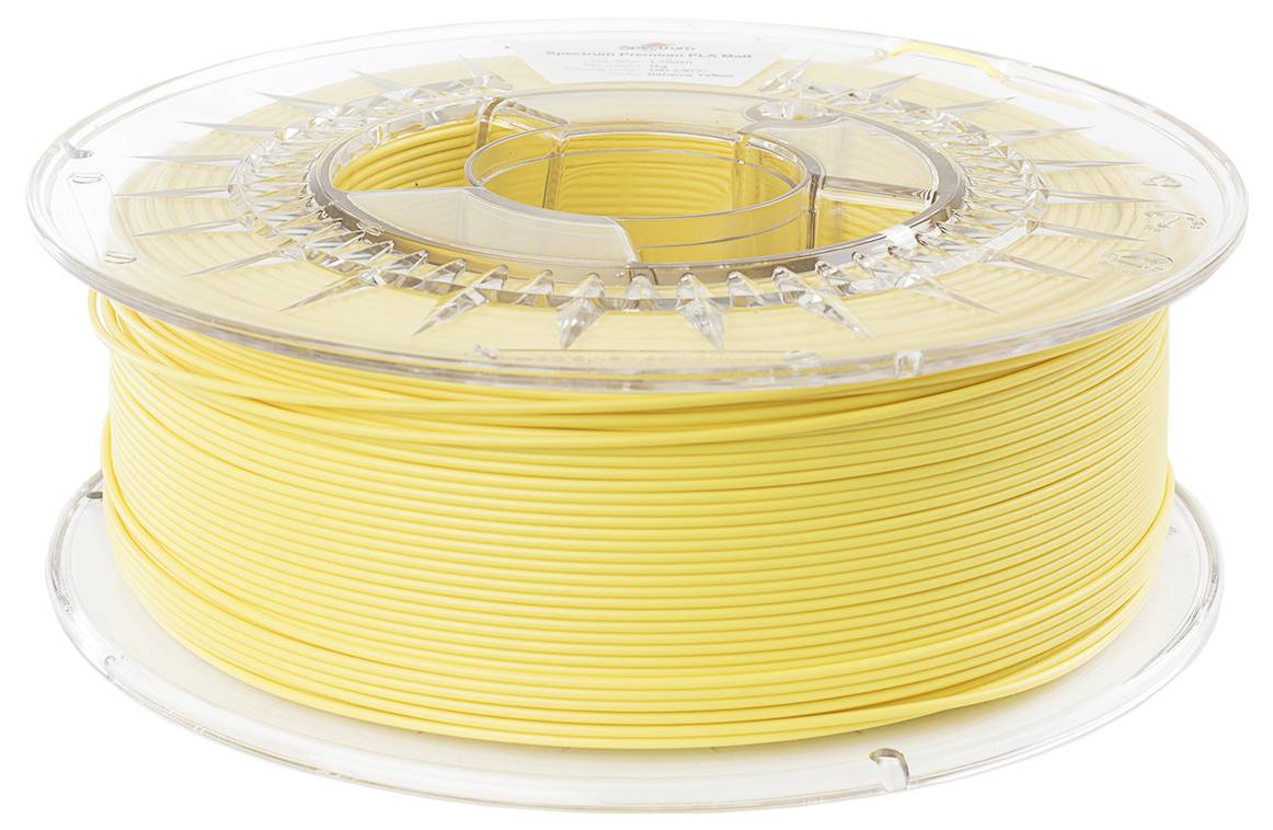 Yellow plastic filament reel for 3D printing, wound on a transparent spool.