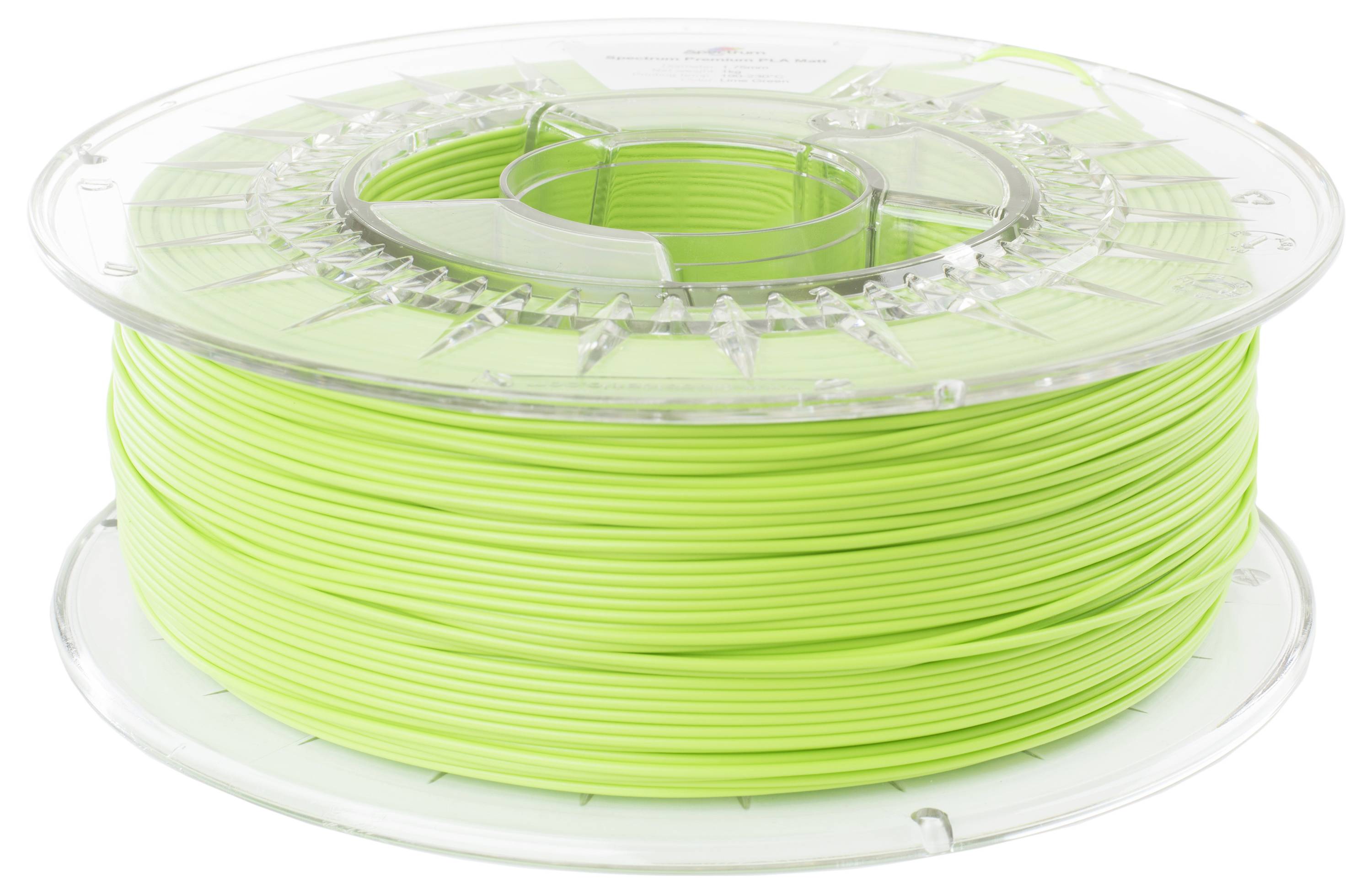 A reel of green 3D printing filament. The filament is evenly wound and the spool is made of transparent plastic.