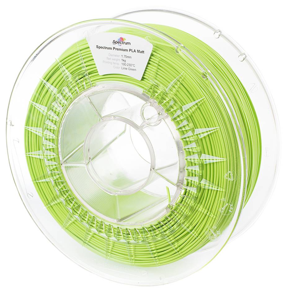 A round roll of green 3D printer filament made of PLA with a label on top. The filament is wound onto a transparent plastic spool.