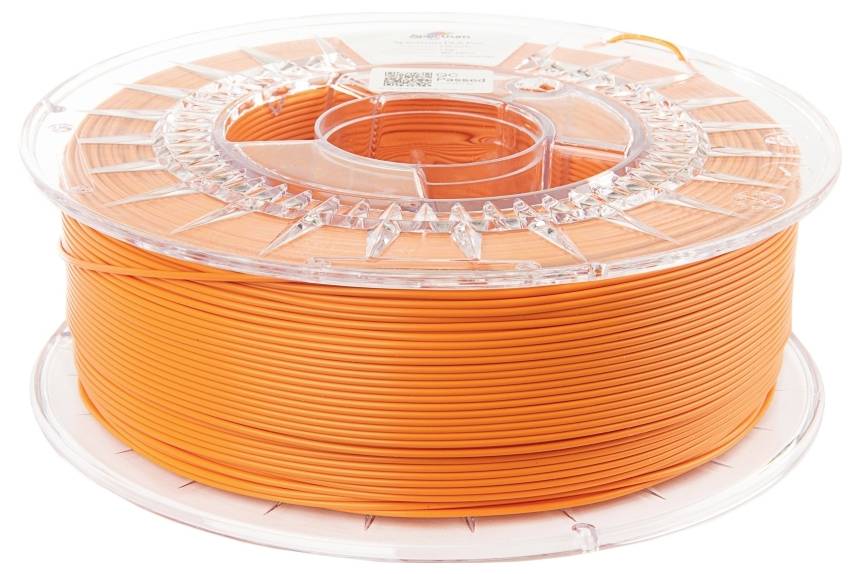 A spool of orange 3D printer filament. It is transparent and shows the filament neatly wound on the reel.