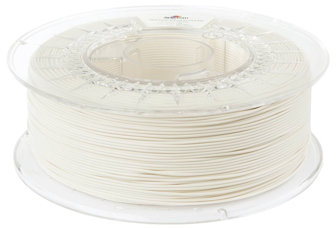 A transparent reel with white PLA 3D printer filament.