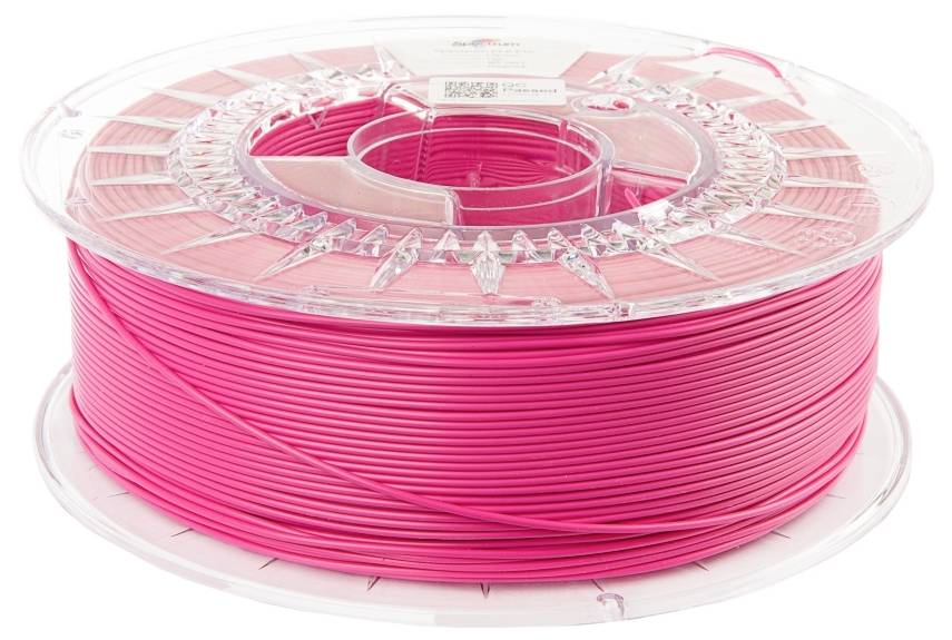 A reel of pink 3D printing filament made of plastic, wound on a transparent spool, ready for use in a 3D printer.