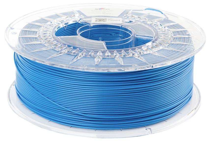 A reel of blue 3D printer filament, wound up in a transparent plastic packaging.