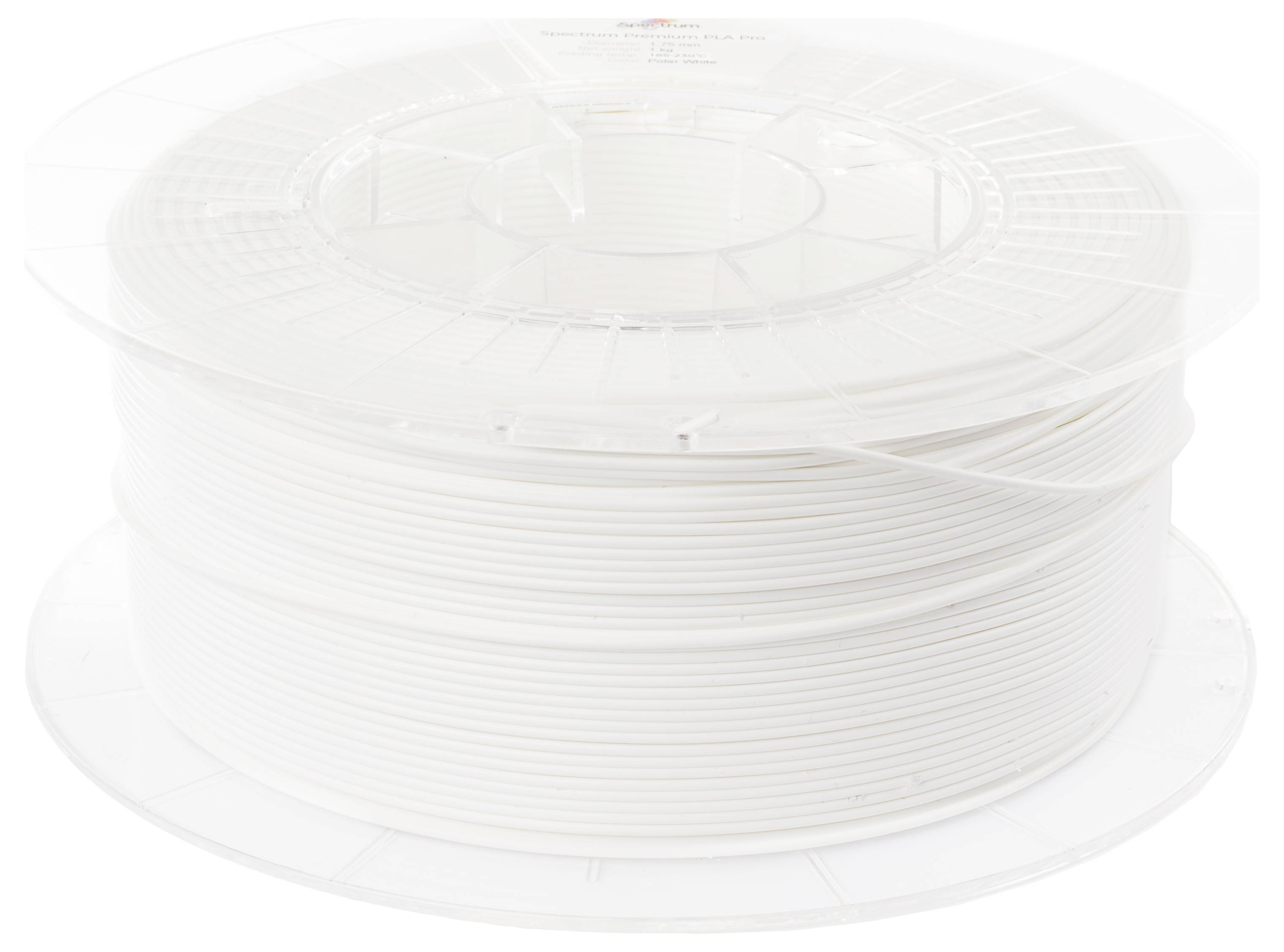 A plastic spool with white filament, used for 3D printers. The spool is transparent, allowing the white filament to be visible.