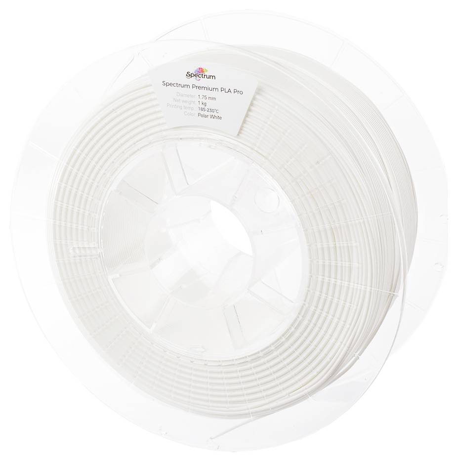White plastic spool with 3D printer filament, labelled 'Spectrum Premium PLA Pro'.