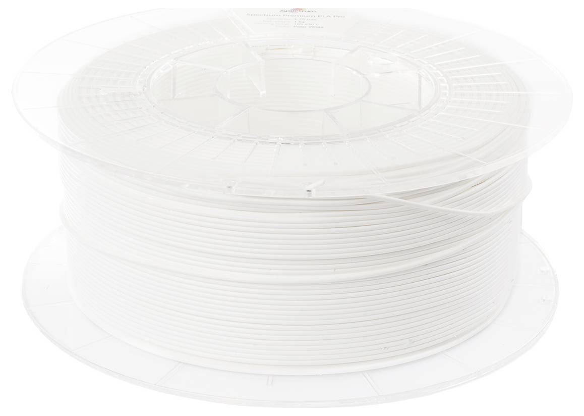 Roll of white 3D printer filament on a transparent plastic spool, against a white background.