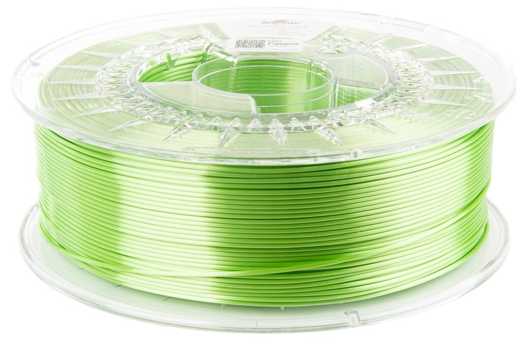 A transparent spool of green 3D printer filament, evenly wound, on a white background.