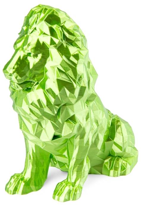Green lion sculpture in faceted, geometric form, sits majestically.